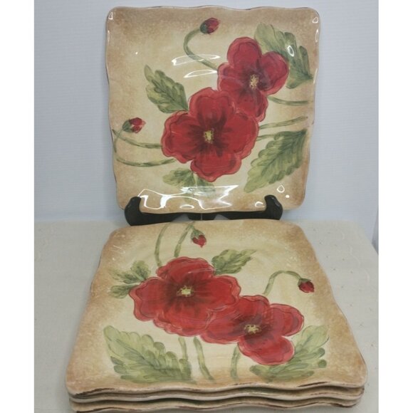 Four Poppies Scallop Square Dinner Plate 9"X9" New - Picture 2 of 6